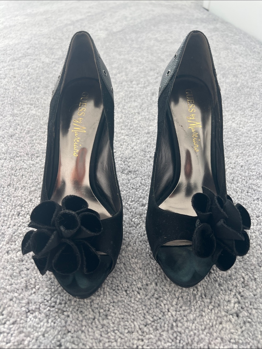 Guess by Marciano Black Suede Peep-Toe Pumps with Flower Appliqués
